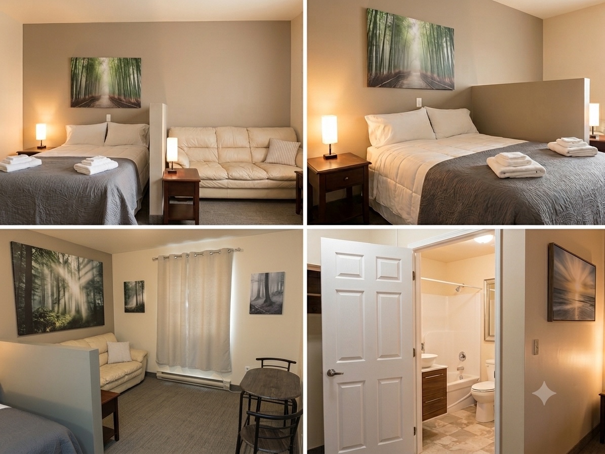 Four views of a bedroom and bathroom at the Delhi centre